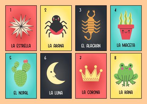 Loteria card with objects in English and Spanish.