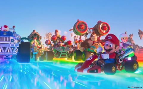 Mario in a racing kart zooming away on a colorful road having a blast!