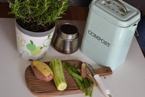 compost bin and vegetables 