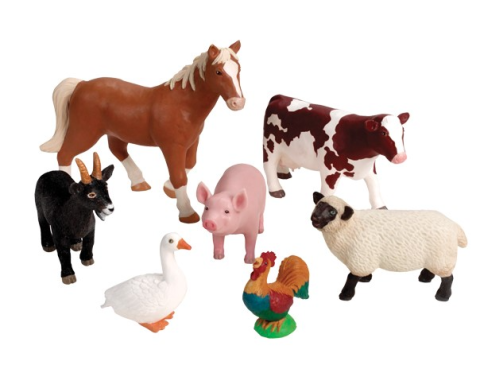 Various farm life such as horse and sheep depicted in small toys.  