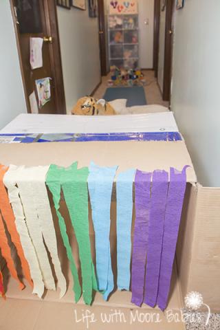 Home hallway with a large box in the middle. The box has open ends and has rainbow crepe paper attached at one end.