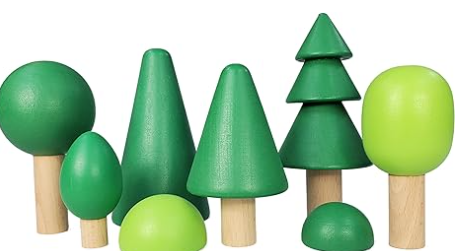 various wooden blocks in the shape and color of trees.