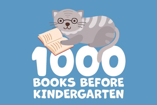 cat with glasses reading a book laying on top of the words 1000 Books Before Kindergarten