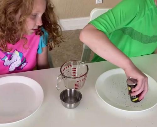 Two children shaking pepper in a plate of water