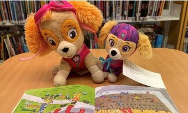 two stuffed animal puppies reading