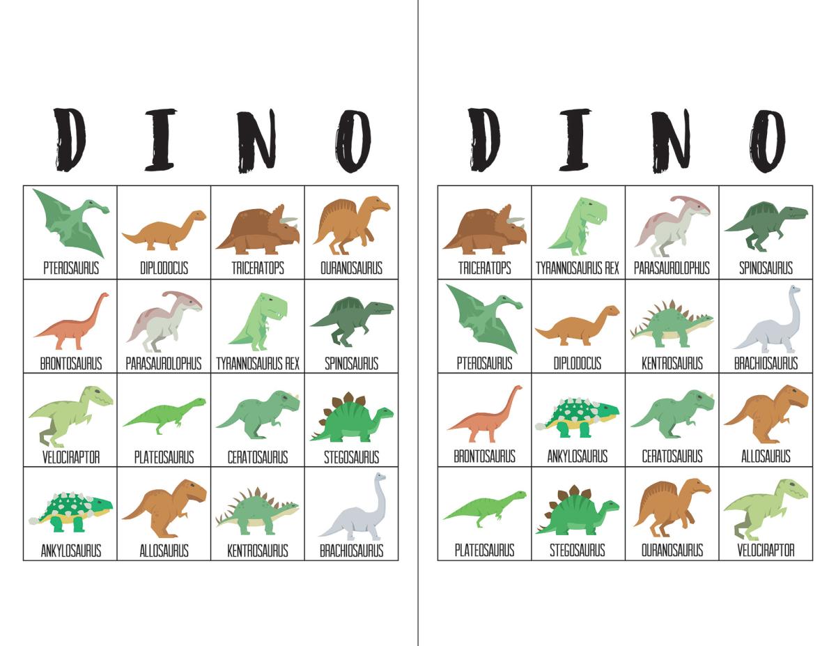 Dinosaur bingo card with various dinosaurs pictured with their names.