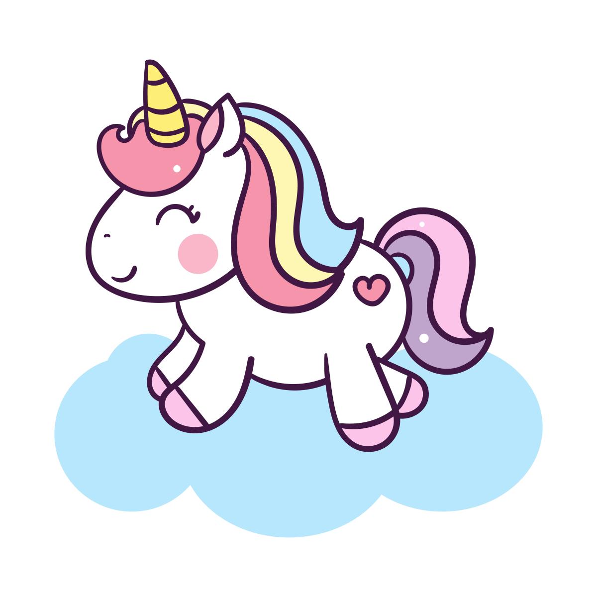 a white unicorn with a rainbow mane and tail stands on a blue cloud