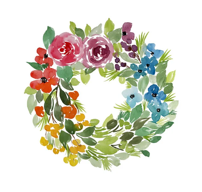 A watercolor painting of a multicolored floral wreath